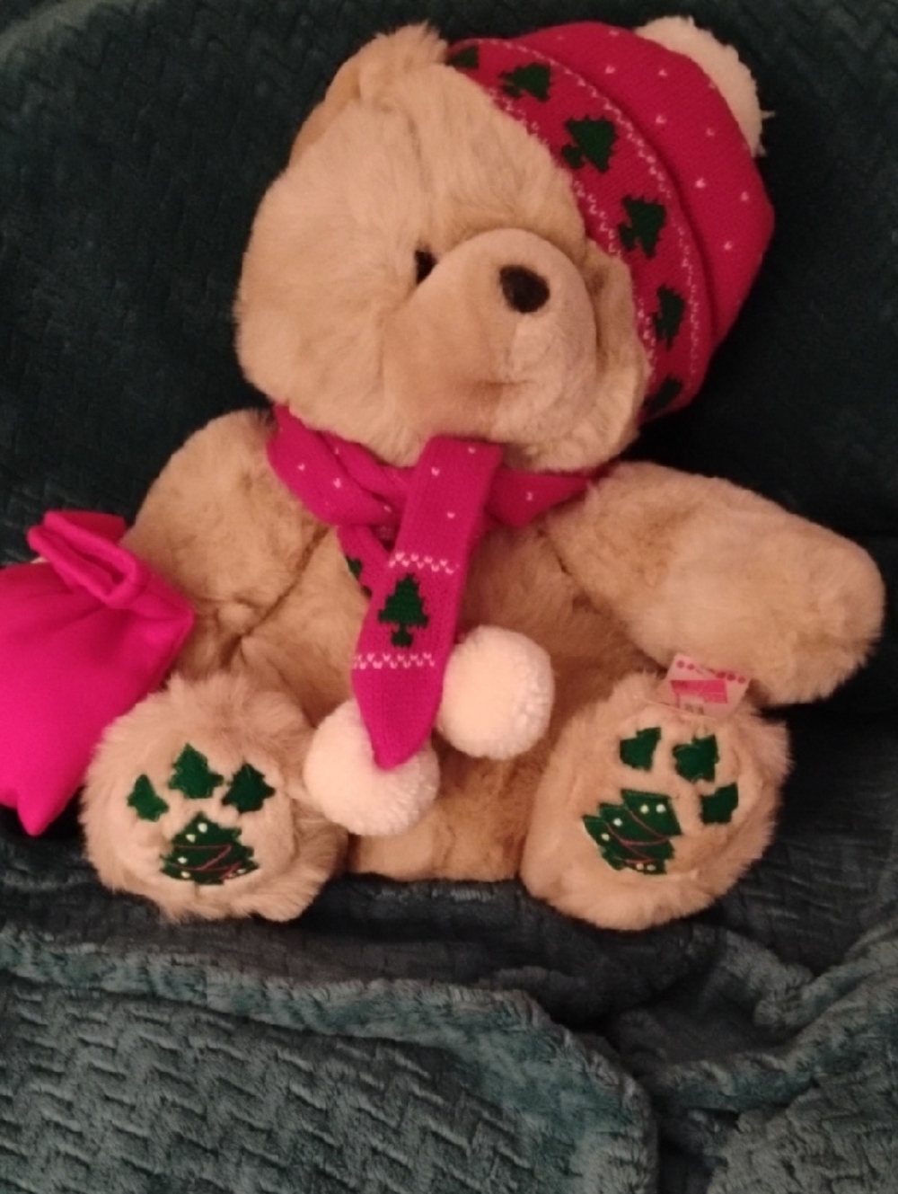 Vintage Plush Holiday Bear with Red Tree Hat & Scarf